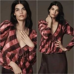 Anthropologie Pink and Brown Plaid Blouse